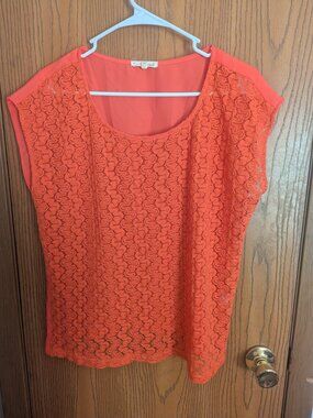 Hem & Thread Sheer Lace Cap Sleeve Coral/Orange/Peach Blouse-S